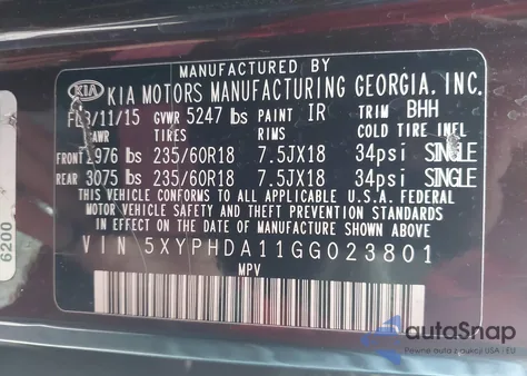 2016 Kia Sorento 2.0T Ex из США, поврежденный, VIN 5XYPHDA11GG023801